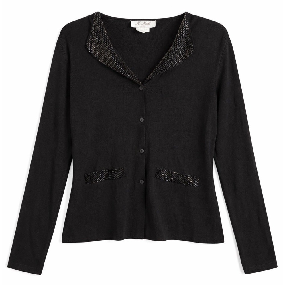 M. Nicole Evening Black Beaded Cardigan Womens‎ Button Front Dressy Knit Lg